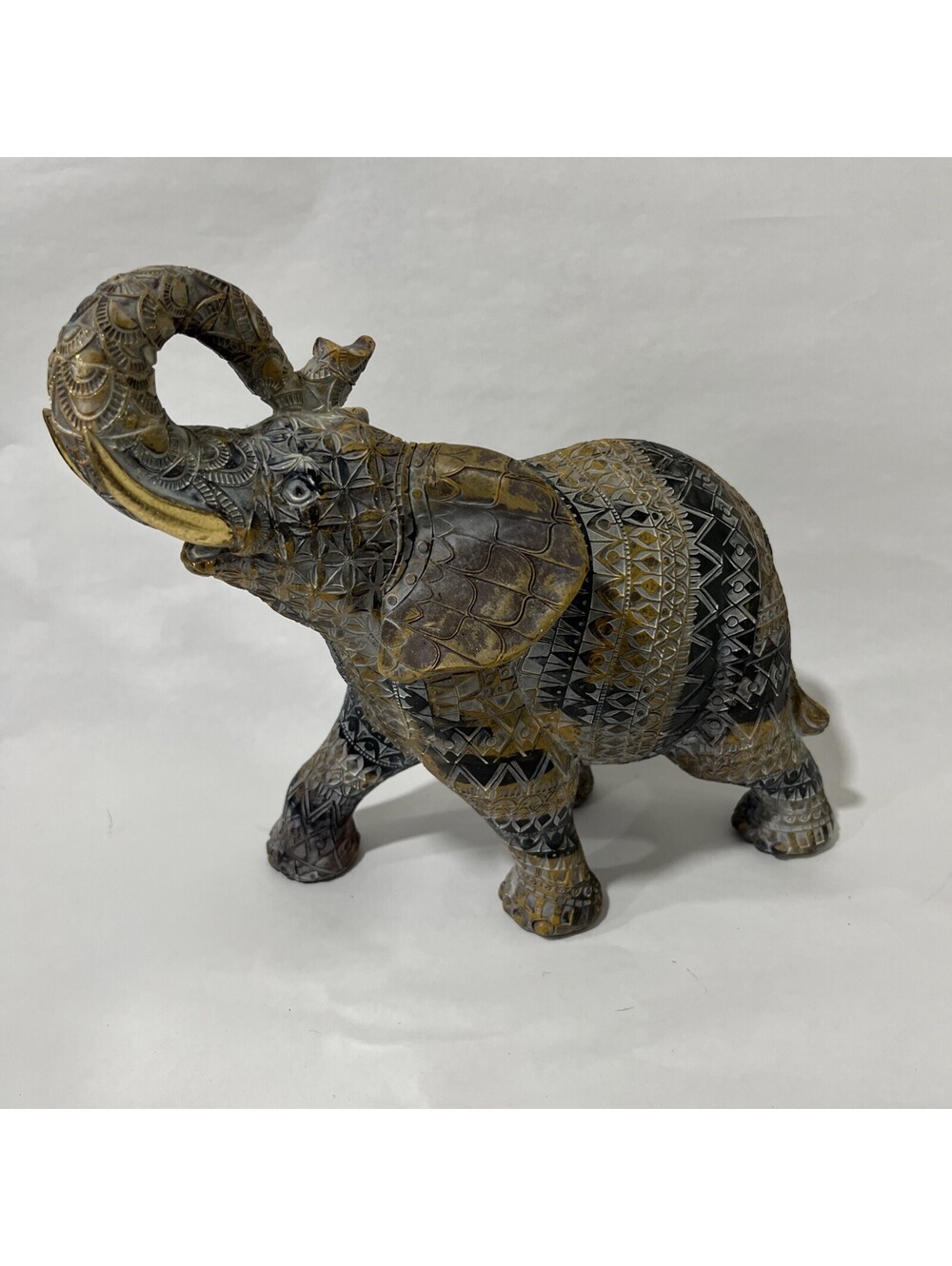 Resin Elephant Figurine Blue White Gold Geometric Pattern Table Decor Statue 12”